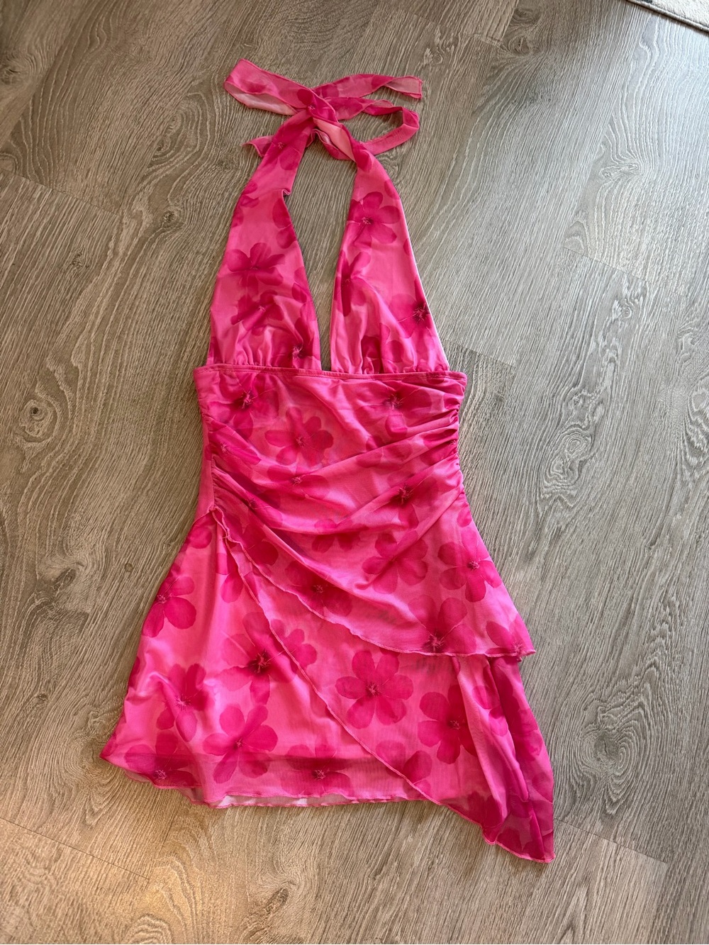 Pink Floral Halter Mini Dress